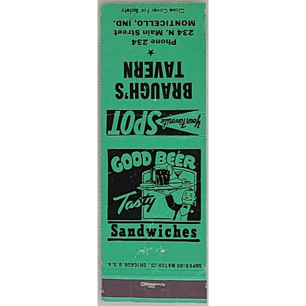 Vintage Matchbook Cover Braugh’s Tavern Monticello IN Indiana Green - Picture 2 of 5